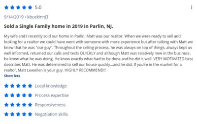 A 5-star positive review for a realtor named Matt Lewellen in Parlin, NJ.