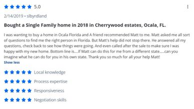 Customer review praising Matt for excellent home buying assistance in Ocala, Florida.