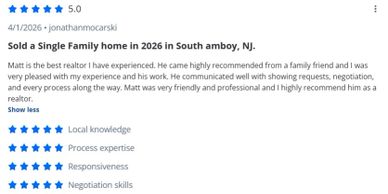 Positive 5-star review praising Matt, a realtor in South Amboy, NJ.