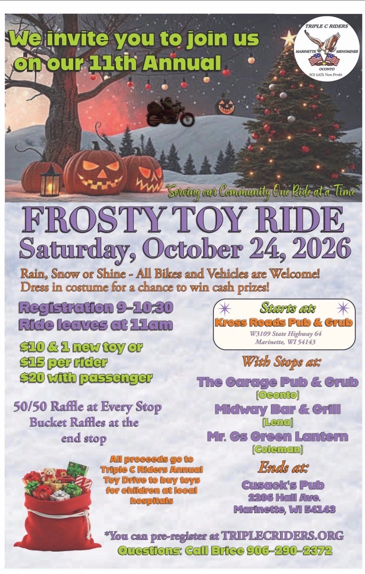 Flyer for 11th Annual Frosty Toy Ride on October 24, 2026.
