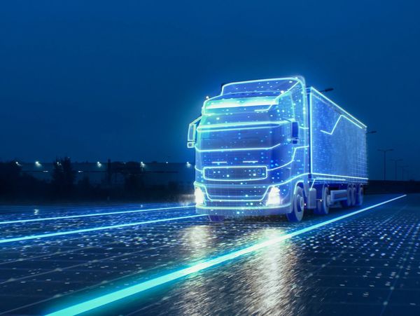 Futuristic Truck driving on electric highway.