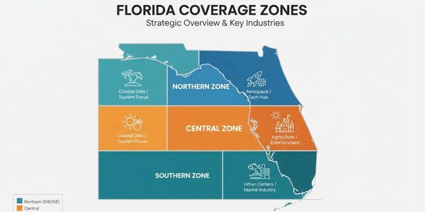 Map showing Florida's Northern, Central, and Southern zones with key industries.