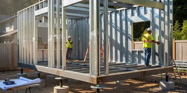Construction workers assembling a metal frame structure for a building.