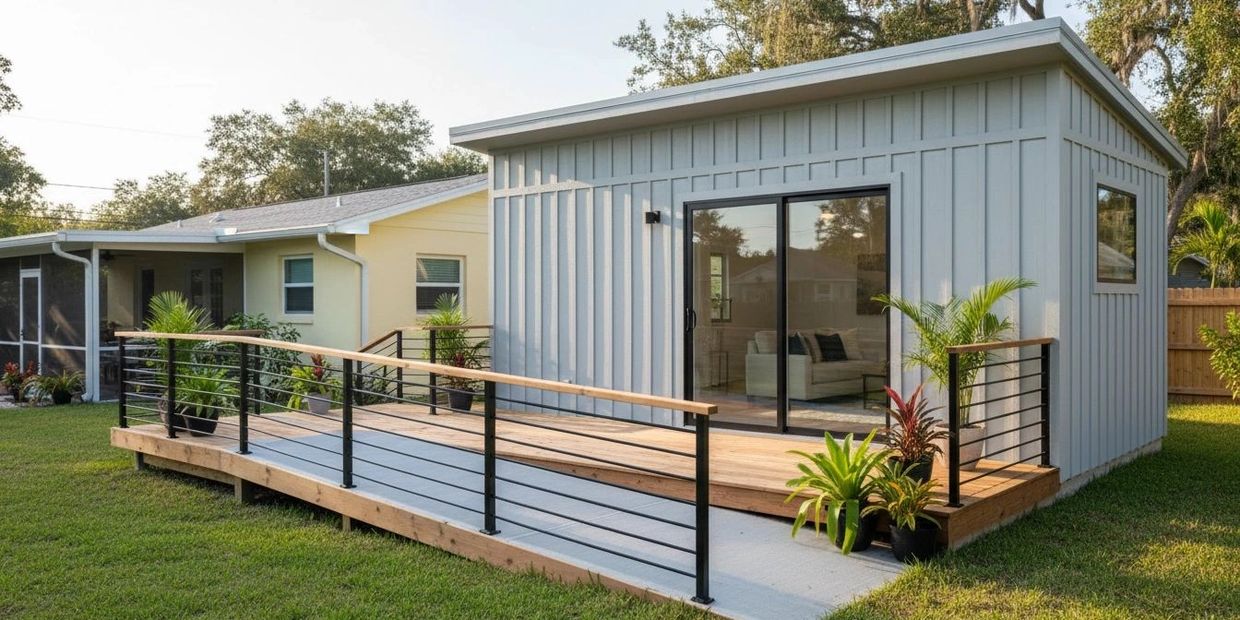 Modern tiny house with a wooden deck and ramp surrounded by greenery.