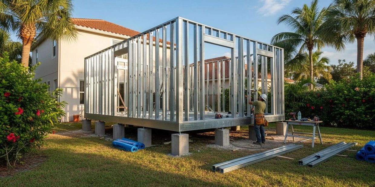 Construction of a metal frame structure in a backyard with palm trees.