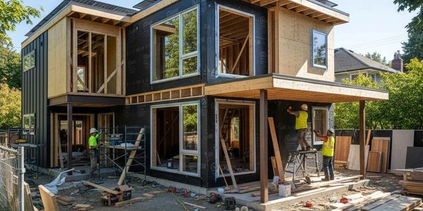 Two construction workers building a modern house under sunny weather.