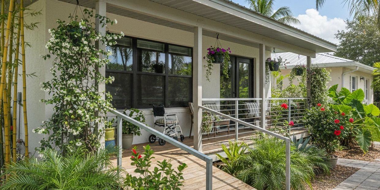 Front porch with wheelchair access and lush greenery.
