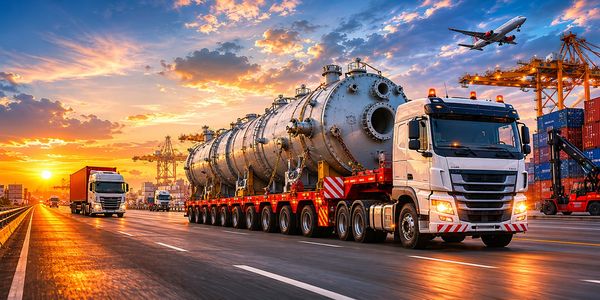 Heavy-duty trucks transporting large industrial equipment at sunset near a busy port.