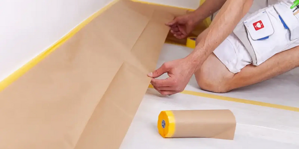 Decorator applying masking tape and paper to protect trim from wall painting