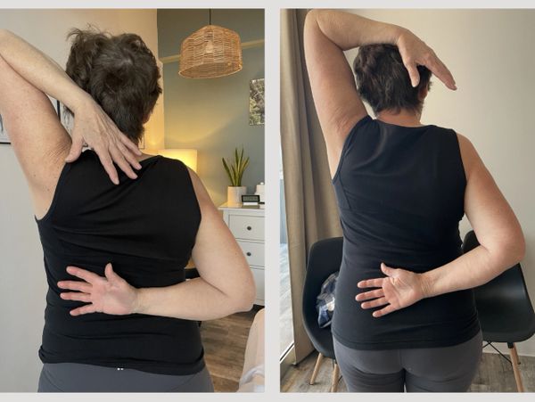 Side-by-side images of a woman stretching her arms behind her back indoors.
