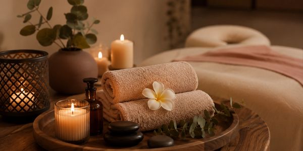 Relaxing spa setup with candles, towels, and massage stones.