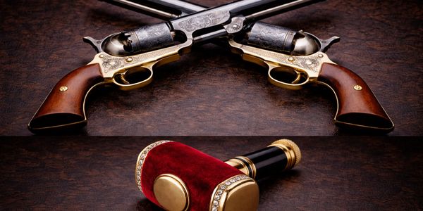 Two ornate vintage revolvers crossed on a dark surface above a luxurious velvet and gold gavel.