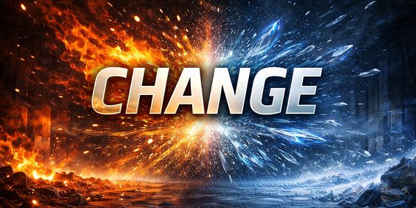 The word CHANGE between fire and ice elements, symbolizing transformation.