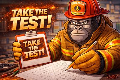 Gorilla fireman urges to take the test with a serious expression.