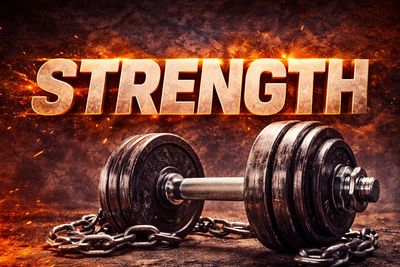 A heavy dumbbell and chain with the word 'STRENGTH' in bold above.