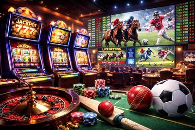 Casino with slot machines, roulette, poker chips, and sports betting screens.