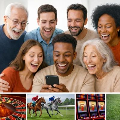 A diverse group happily watching sports and gambling on a phone.