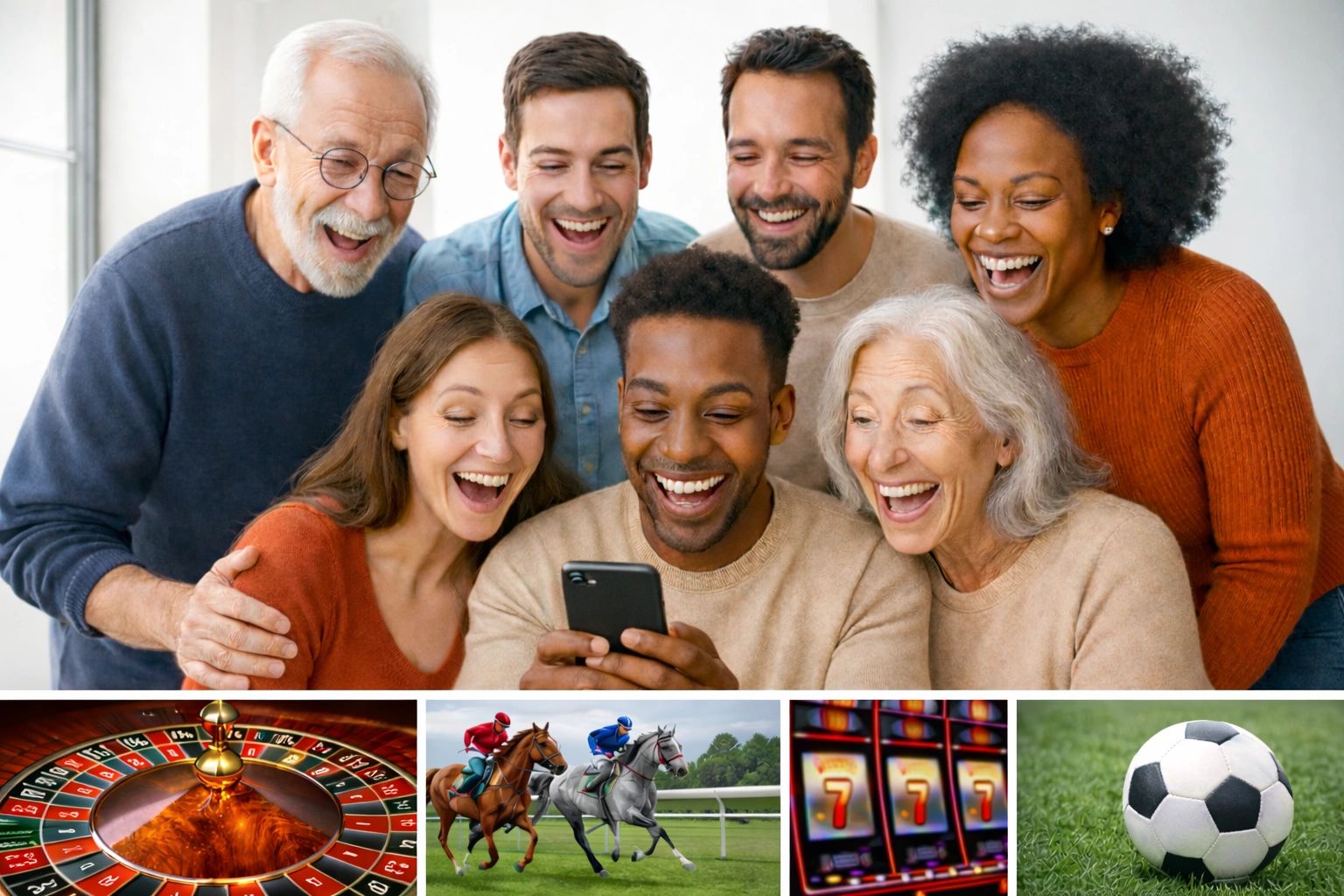 A diverse group happily watching something on a phone, with gambling and sports images below.