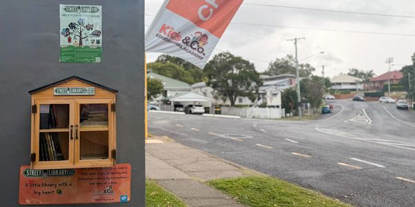 A small street library box on a suburban sidewalk near a quiet intersection.
