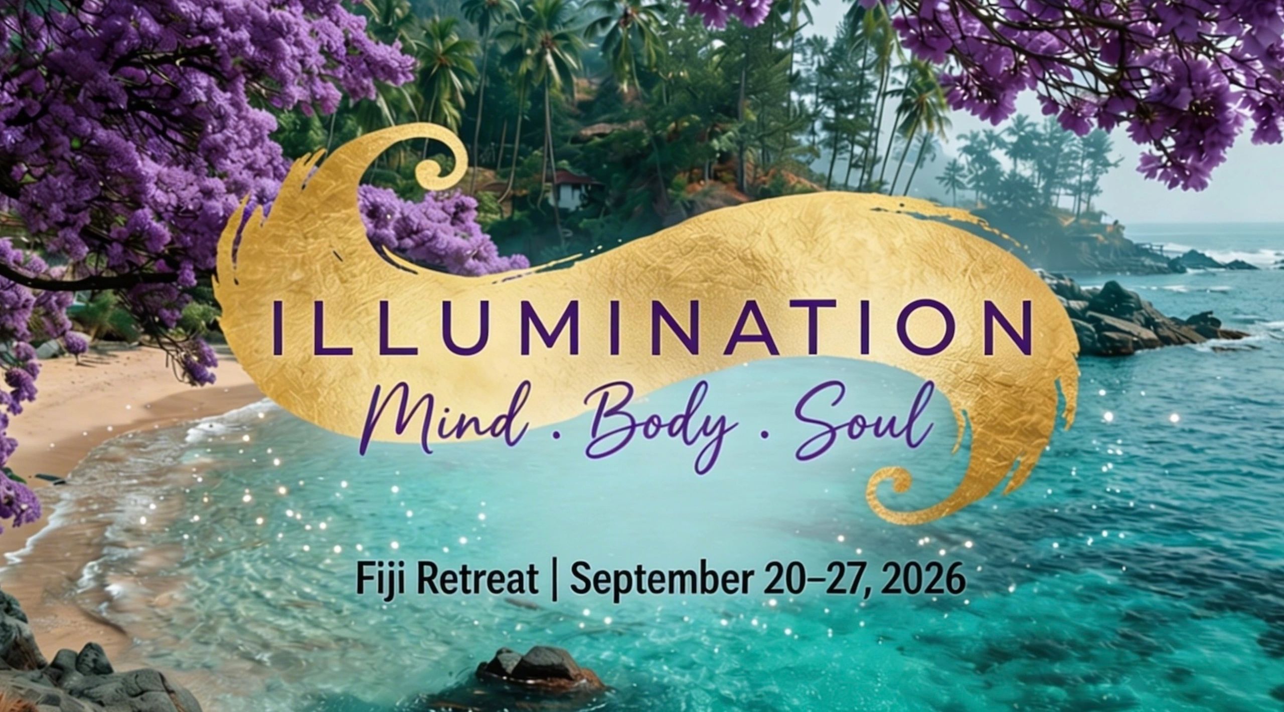 Fiji retreat announcement with tropical scenery and purple flowers.