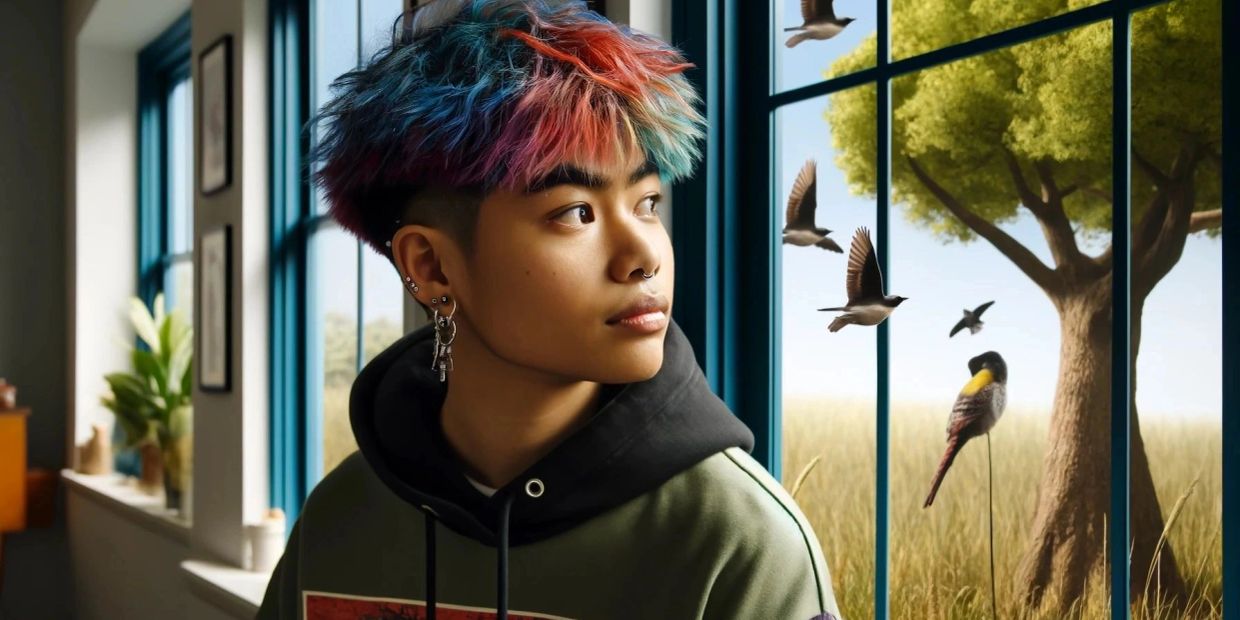 Person with colorful hair looking outside a window at birds.