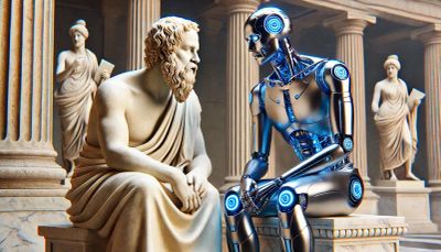 A statue and a robot engaged in conversation.