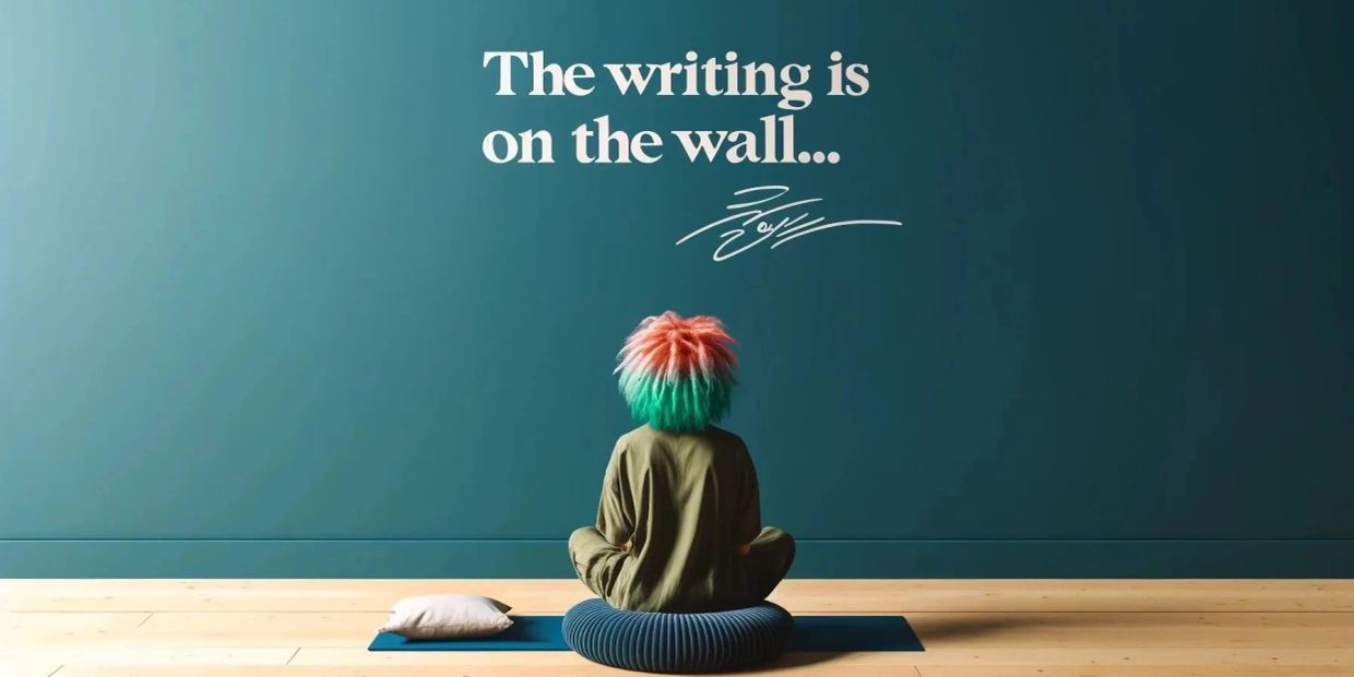 Person with colorful hair sitting in front of a wall with text.