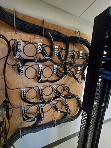 Neatly organized black cables attached to a wooden panel in a server room.