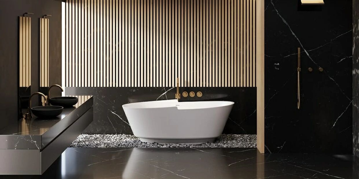 Garden tub. Black marble floors and walls. floating vanity. walk in shower. wood panel walls