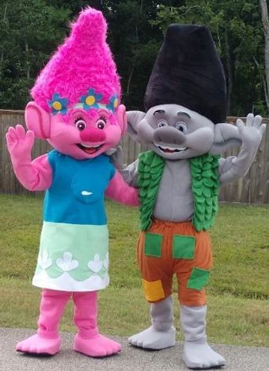 Cosplay mascot characters of princess Poppy & Branch trolls at birthday party in Dayton, Texas