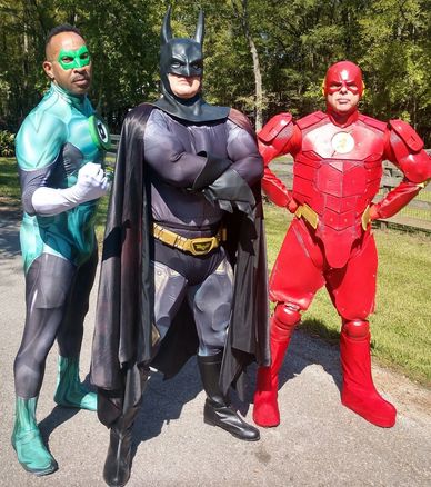Cosplay characters Batman , Green Lantern, Flash at Richmond, Texas superhero  birthday party