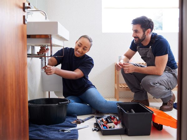 Two plumbers fixing a sink.