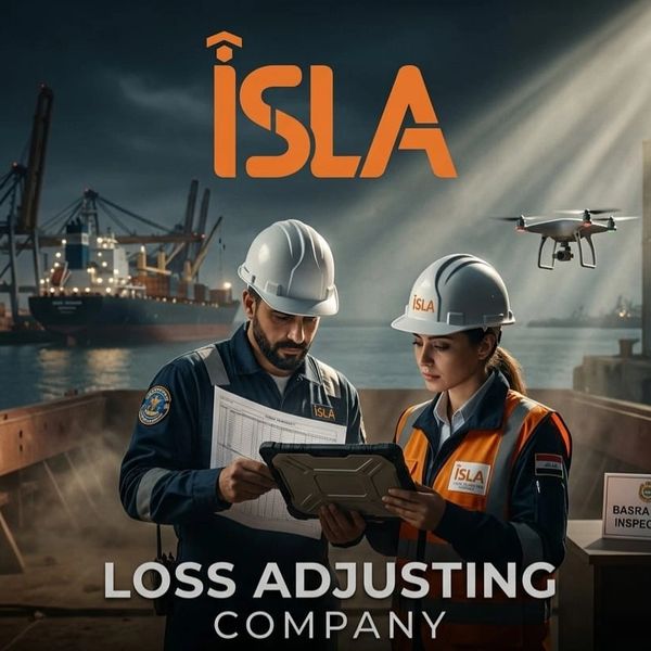 Two professionals in safety gear inspecting documents near a dock with a drone overhead.