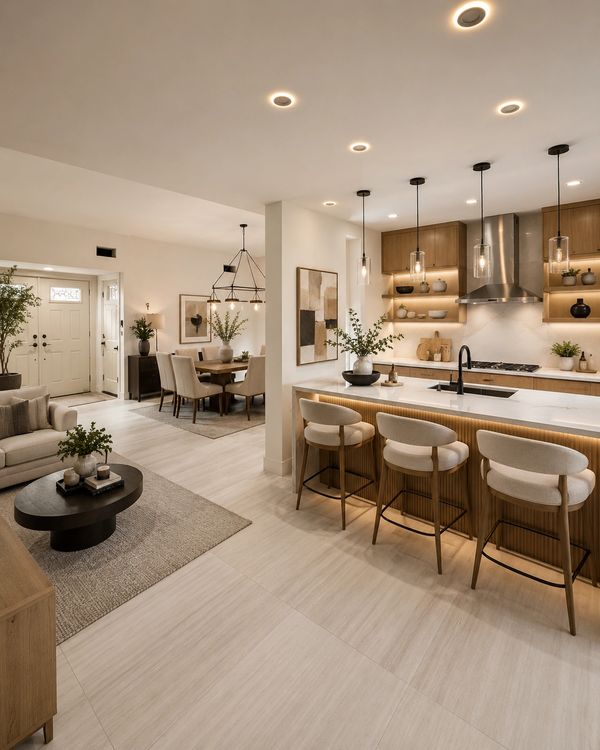 Modern open-concept kitchen and dining area with warm lighting.