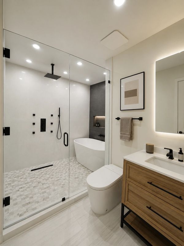 Modern bathroom with glass shower enclosure and wooden vanity.