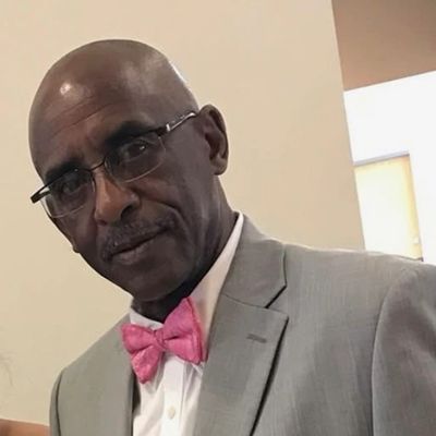 A man in glasses wearing a light gray suit and pink bow tie.