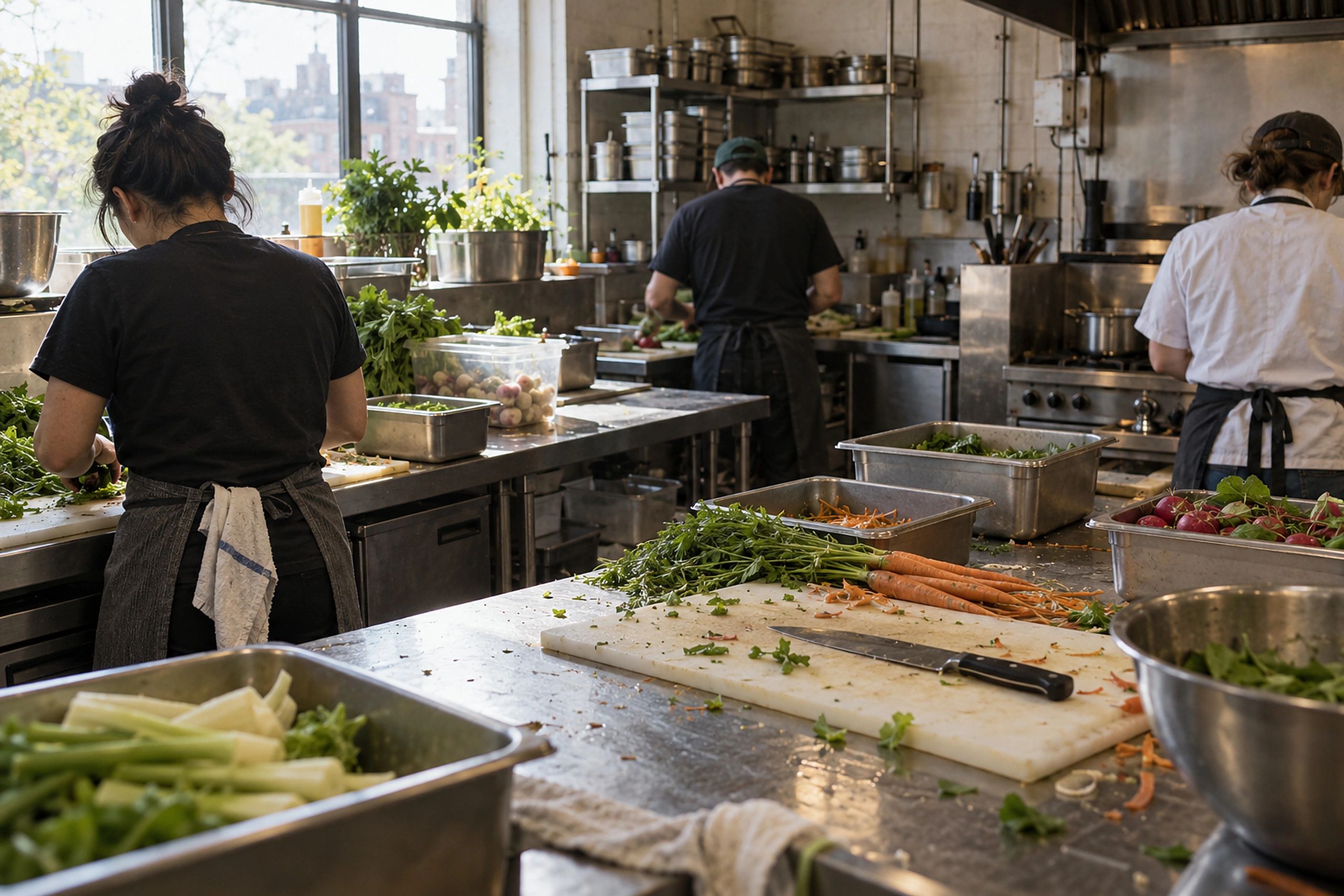 Restaurant prep kitchen in morning daylight with cooks prepping vegetables at stainless tables