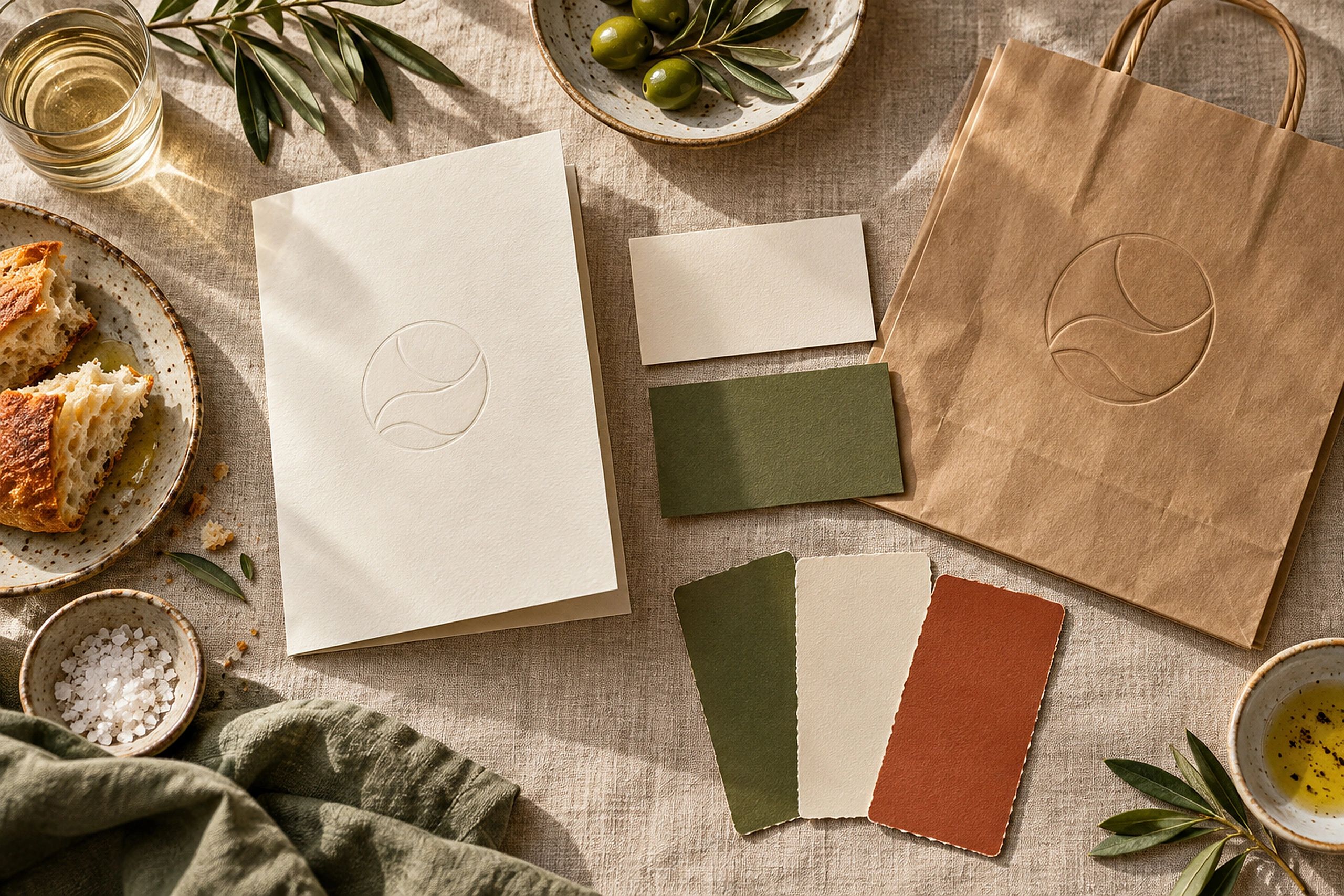 Restaurant brand kit on natural linen with a menu card, business cards, kraft takeout bag and color