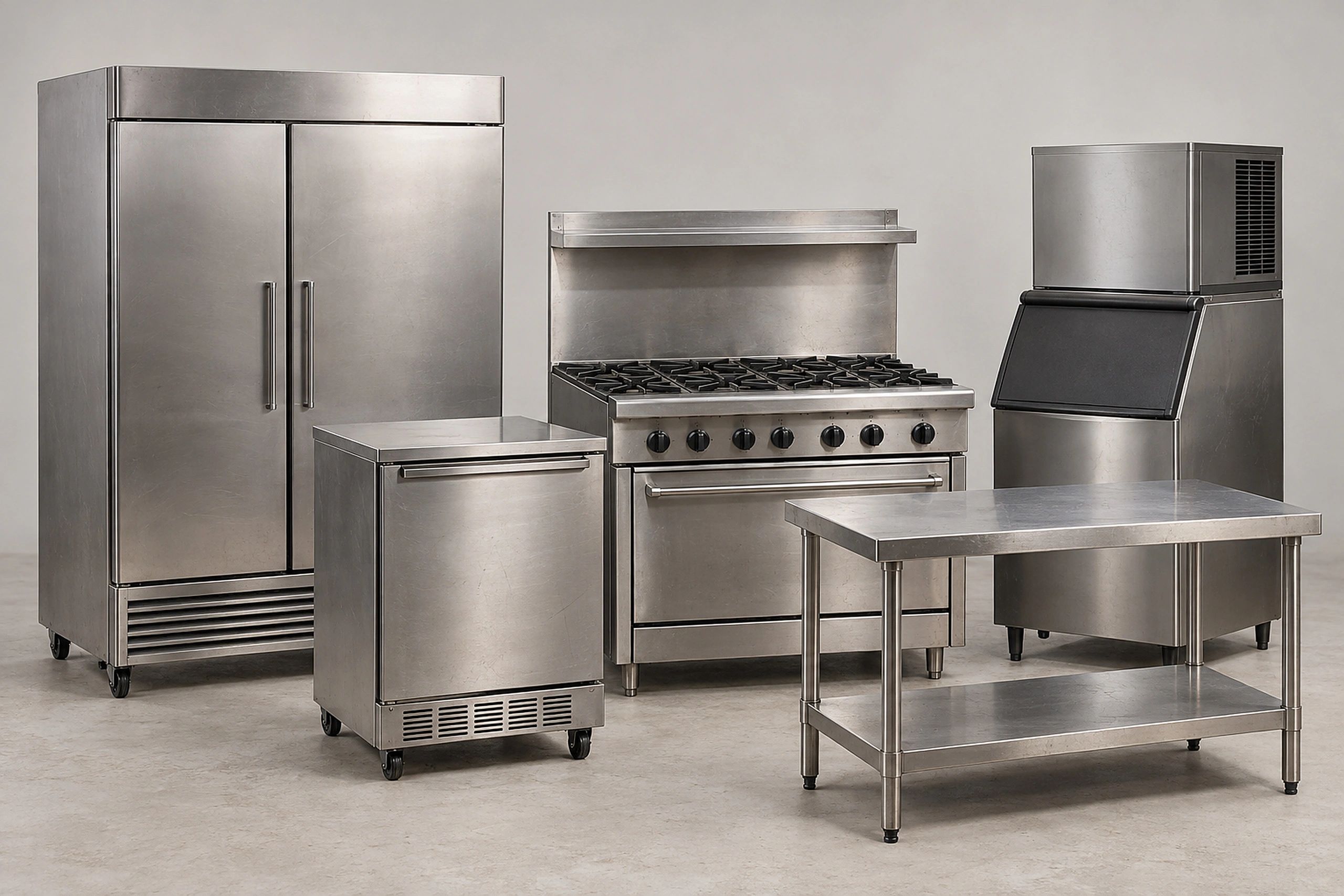 New commercial reach-in refrigerator, undercounter refrigerator, six-burner range, ice machine and w