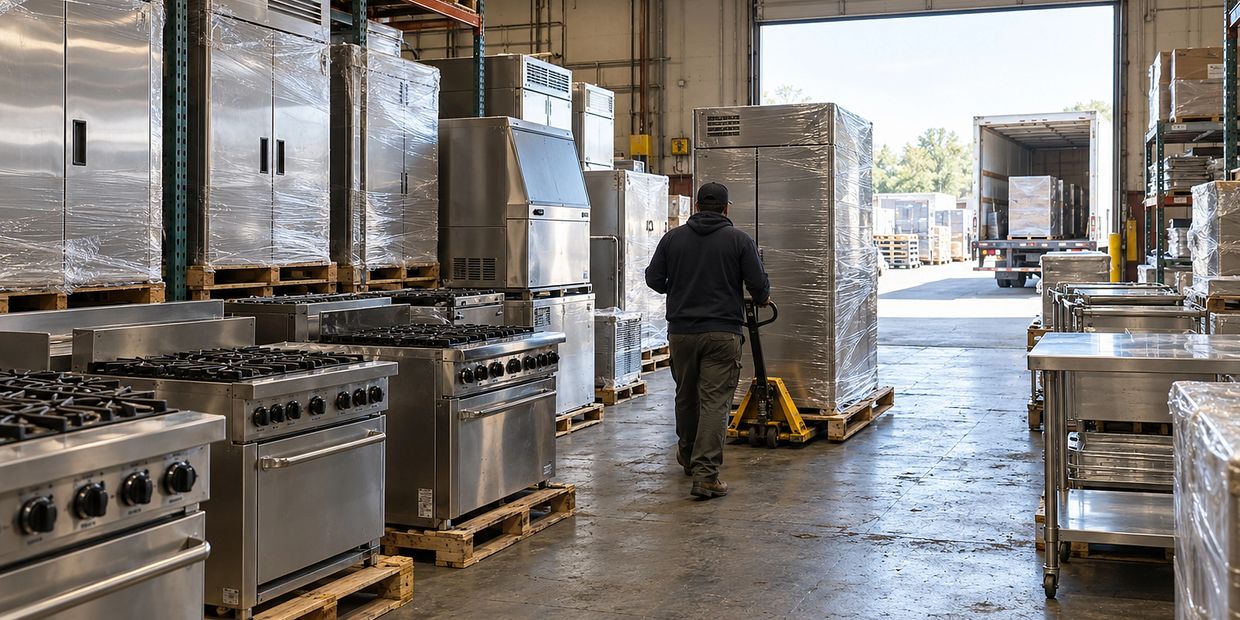Commercial equipment warehouse with shrink-wrapped reach-ins, ranges and ice machines near an open l