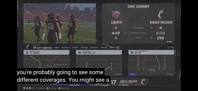 Football video game screen showing team stats and player coverage data.