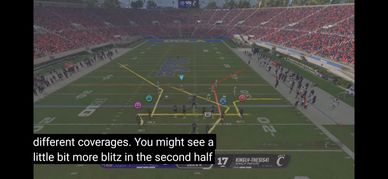 Football play diagram with player routes shown on a stadium field.