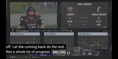 Video game football gameplay with score and player stats.