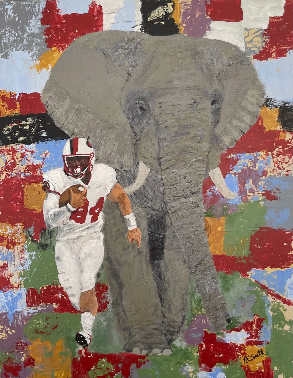 Acrylic painting of football player and elephant.