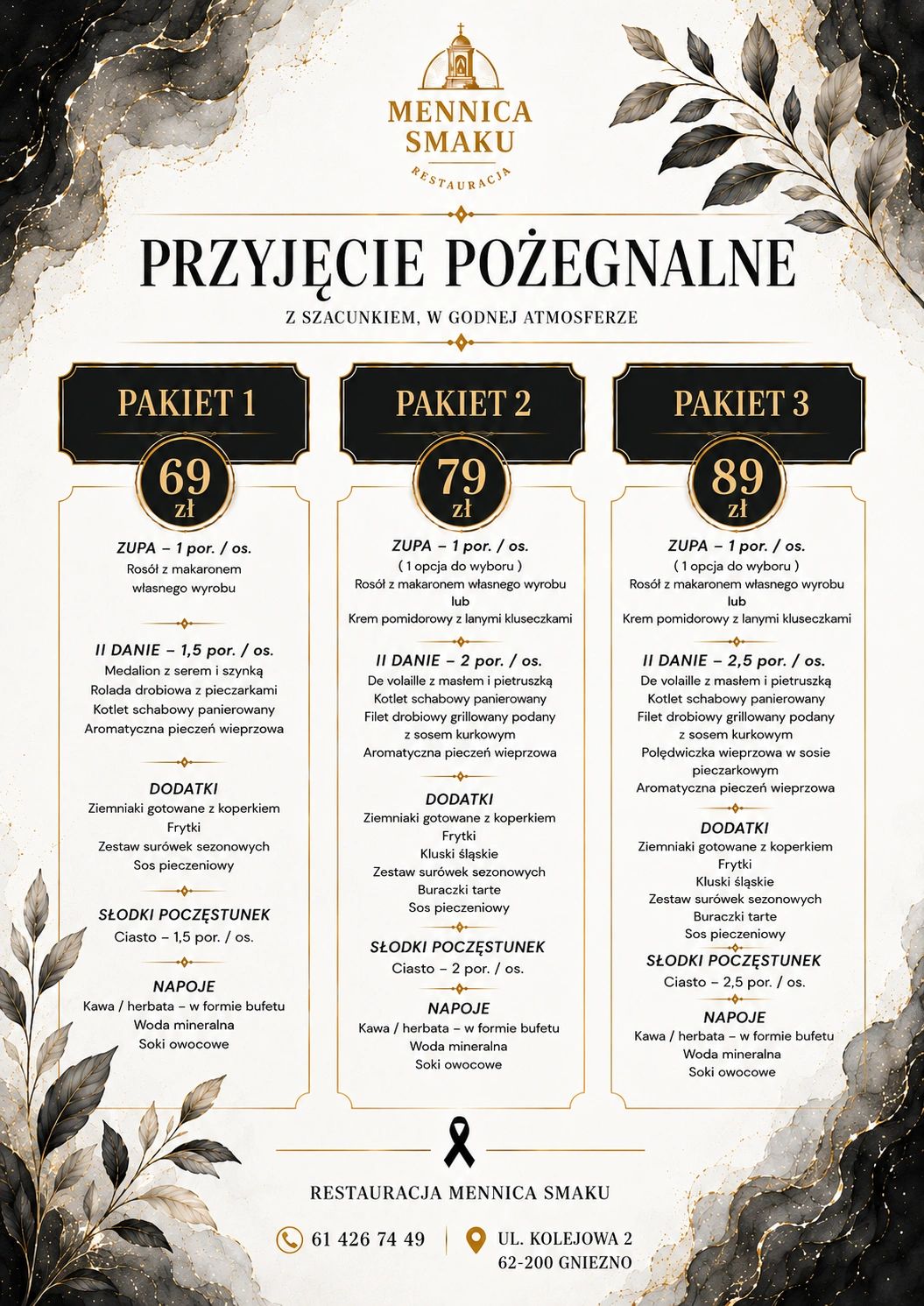 Menu pakietów pożegnalnych w restauracji Mennica Smaku.