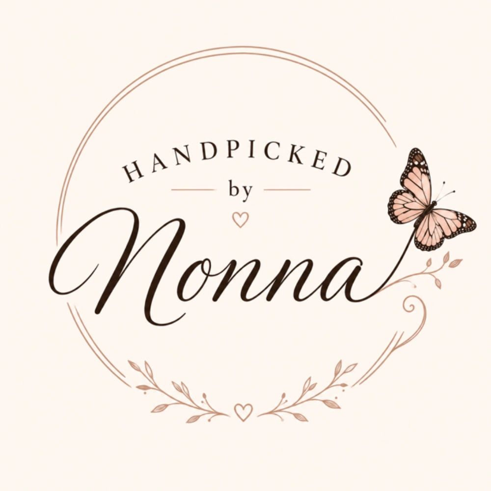 Elegant logo with the text 'Handpicked by Nonna' and a butterfly.
