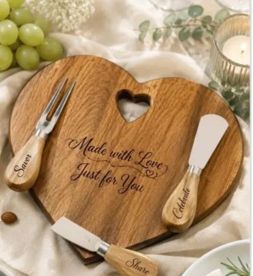 Heart-shaped wooden cheese board with utensils.