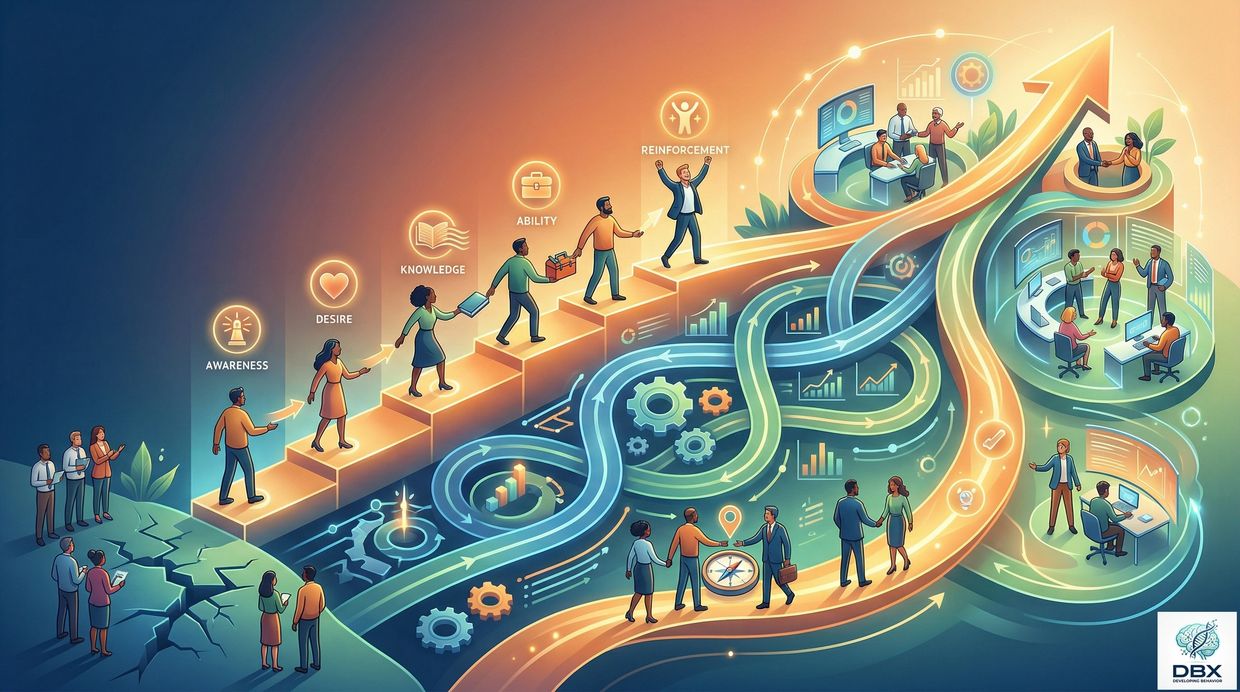 Illustration of a professional growth journey through awareness, desire, knowledge, ability, and reinforcement.