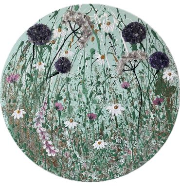 Circular floral painting with textured purple and white flowers on a green background.