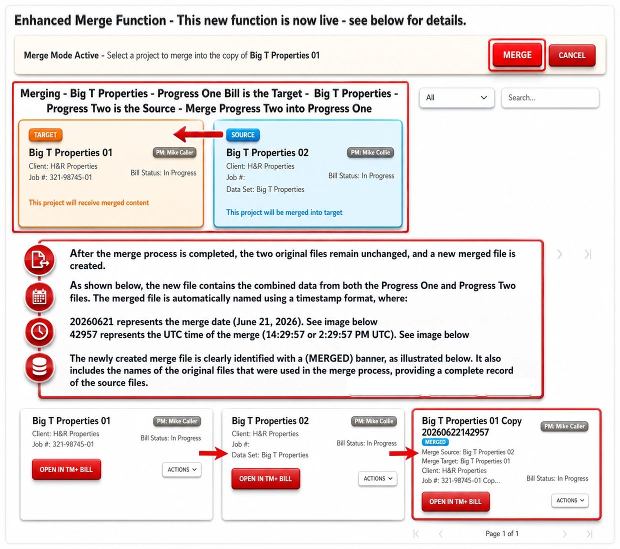 Screenshot showing enhanced merge function for Big T Properties projects.